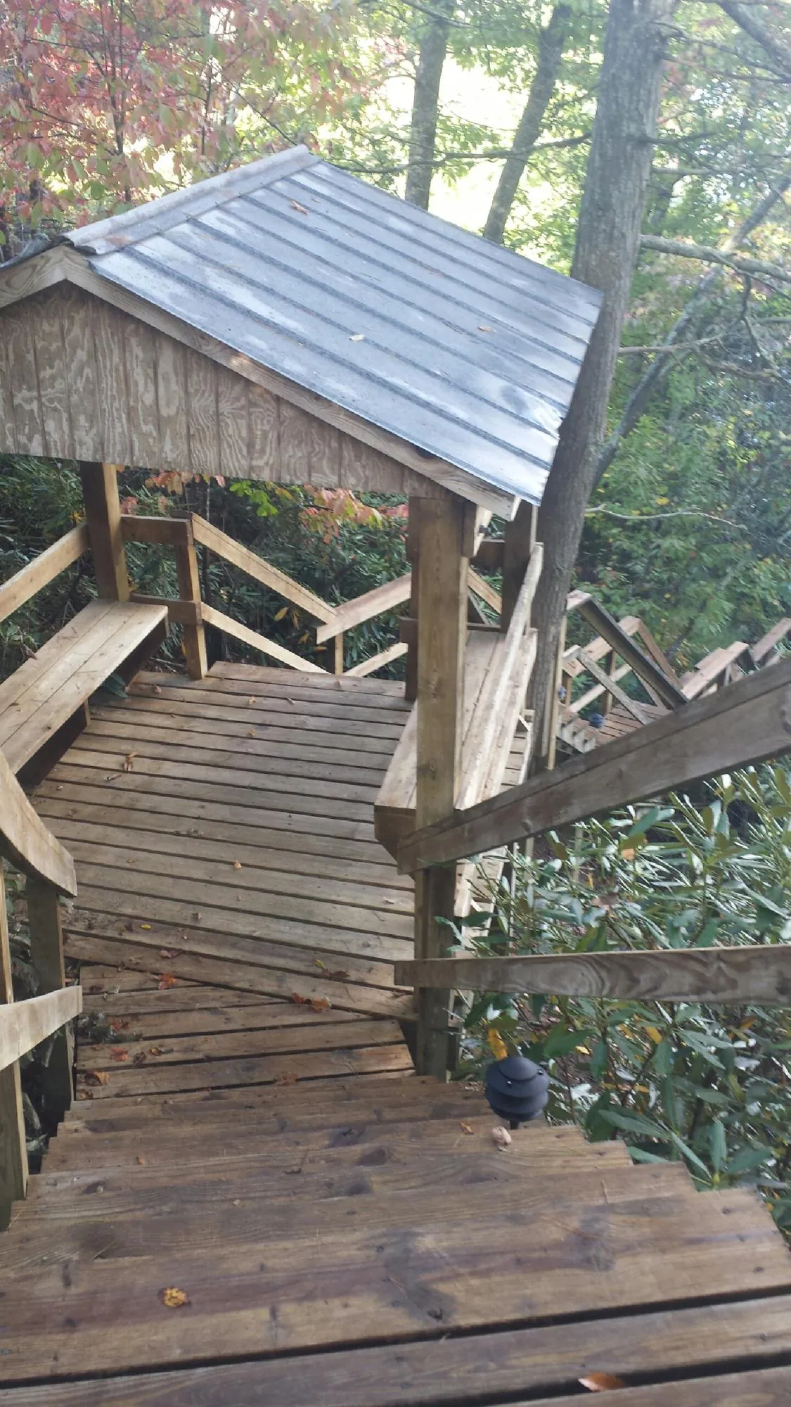 Metal roofed shelter over wooden steps on a wooded walkway — Skylight Repair & Installation work by our crew in Elmwood